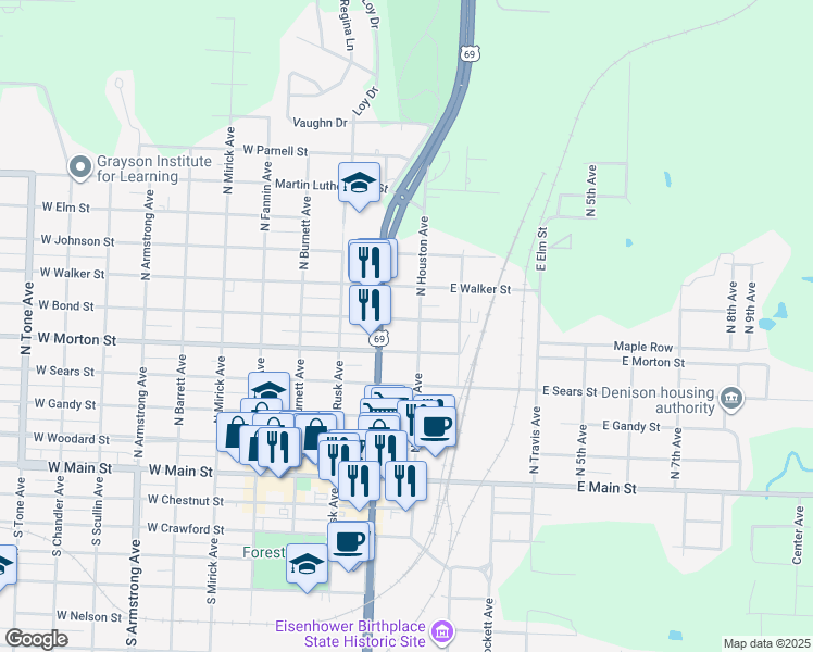 map of restaurants, bars, coffee shops, grocery stores, and more near 108 West Bond Street in Denison