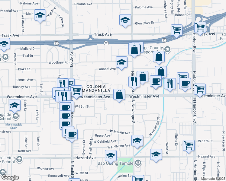 map of restaurants, bars, coffee shops, grocery stores, and more near 13924 Parkway Drive in Garden Grove