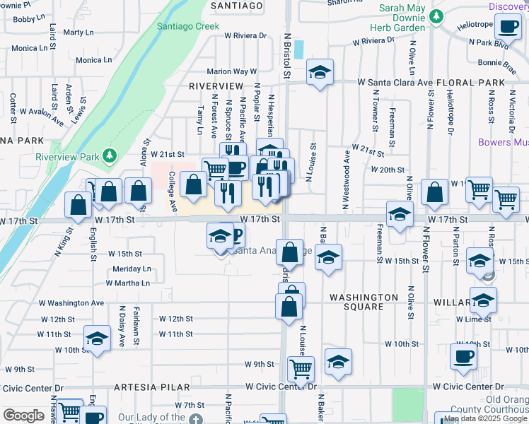 map of restaurants, bars, coffee shops, grocery stores, and more near 1313 West 17th Street in Santa Ana