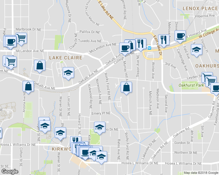 map of restaurants, bars, coffee shops, grocery stores, and more near 253 Rockyford Road Northeast in Atlanta