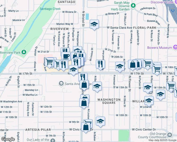 map of restaurants, bars, coffee shops, grocery stores, and more near 1223 West 17th Street in Santa Ana