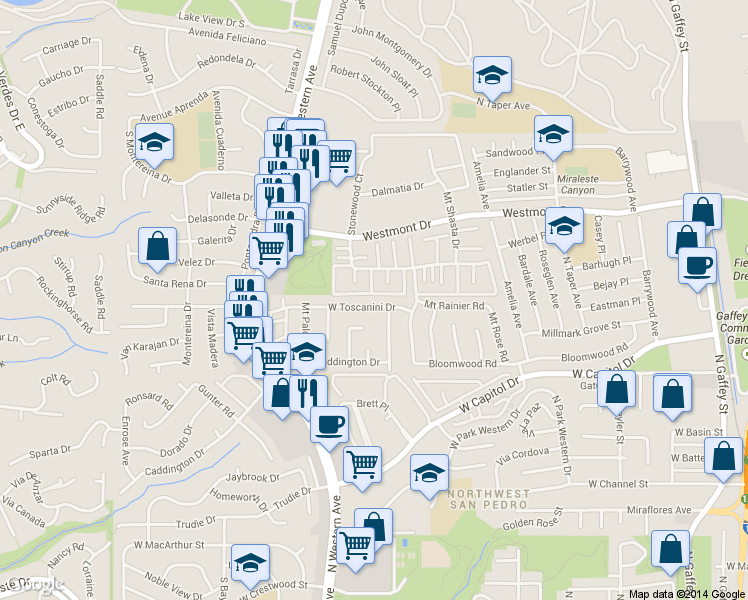 map of restaurants, bars, coffee shops, grocery stores, and more near 1447 West Toscanini Drive in Rancho Palos Verdes