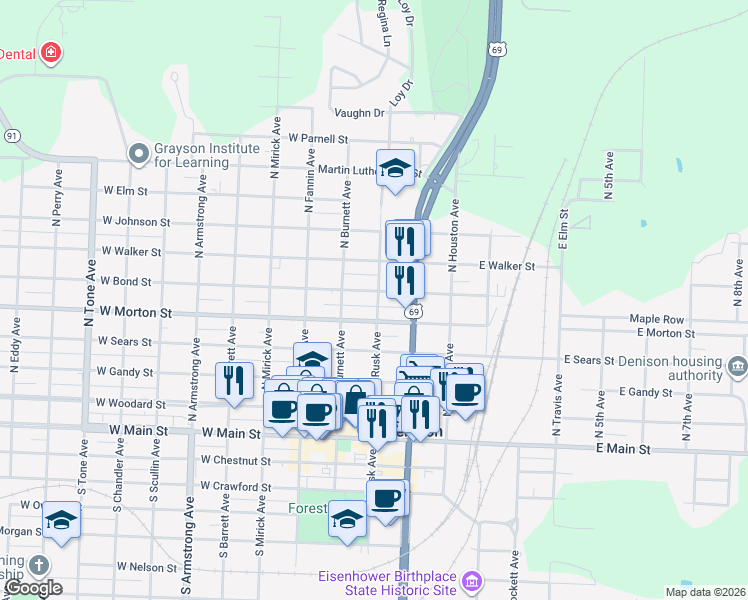 map of restaurants, bars, coffee shops, grocery stores, and more near 515 North Rusk Avenue in Denison