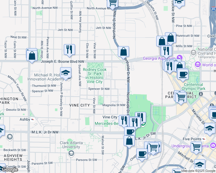 map of restaurants, bars, coffee shops, grocery stores, and more near 561 Spencer Street Northwest in Atlanta