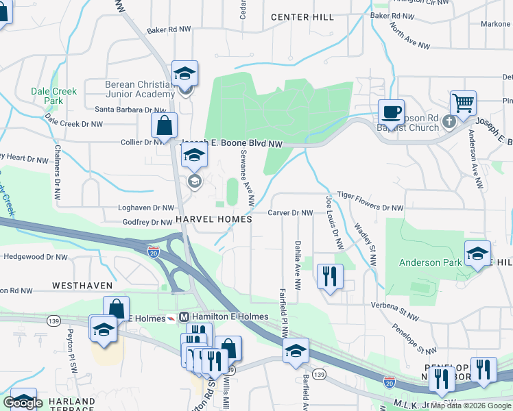 map of restaurants, bars, coffee shops, grocery stores, and more near 263 Sewanee Avenue Northwest in Atlanta