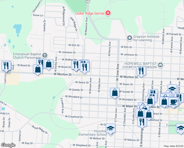 map of restaurants, bars, coffee shops, grocery stores, and more near 1331 West Morton Street in Denison
