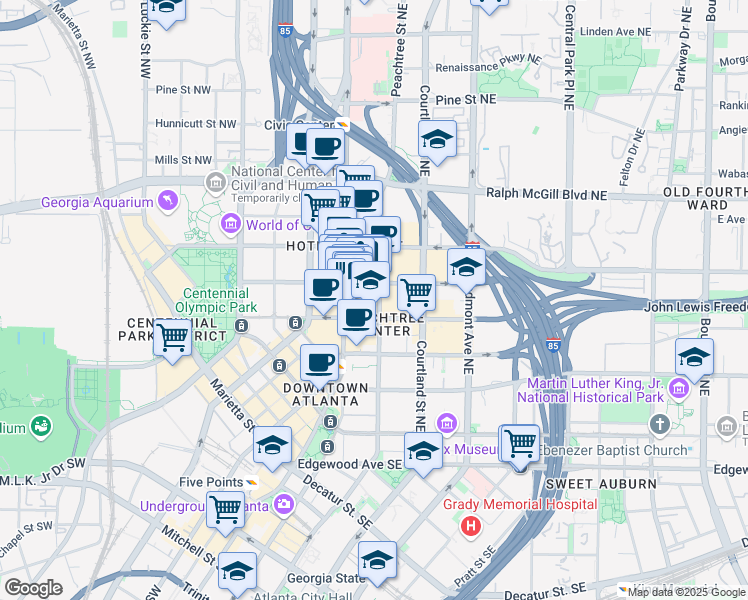 map of restaurants, bars, coffee shops, grocery stores, and more near 235 West Peachtree Street Northwest in Atlanta