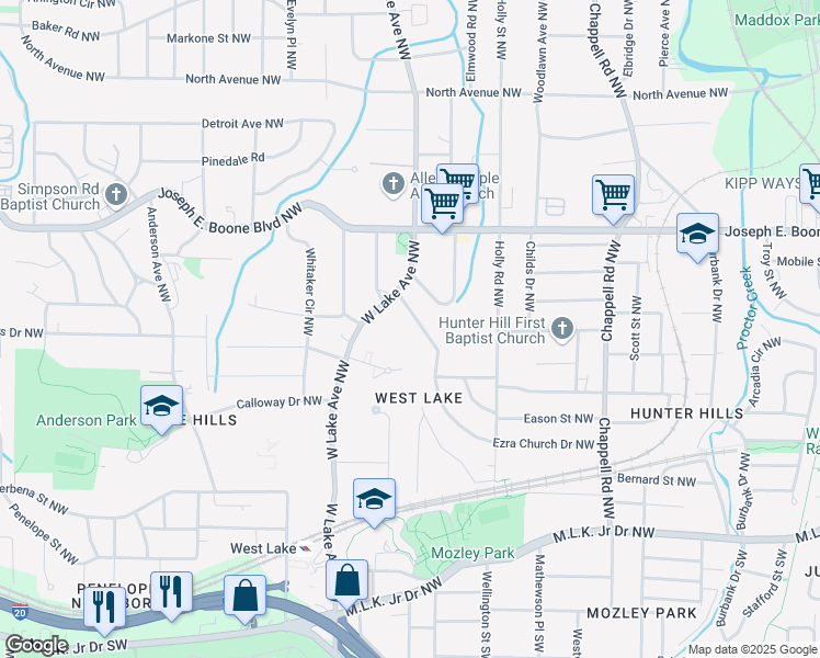 map of restaurants, bars, coffee shops, grocery stores, and more near 1630 Ezra Church Drive Northwest in Atlanta