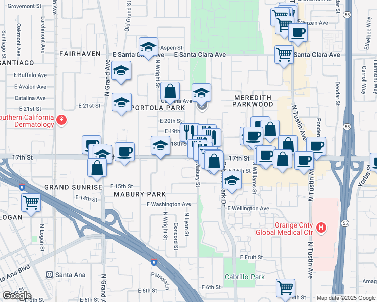 map of restaurants, bars, coffee shops, grocery stores, and more near 1631 17th Street in Santa Ana