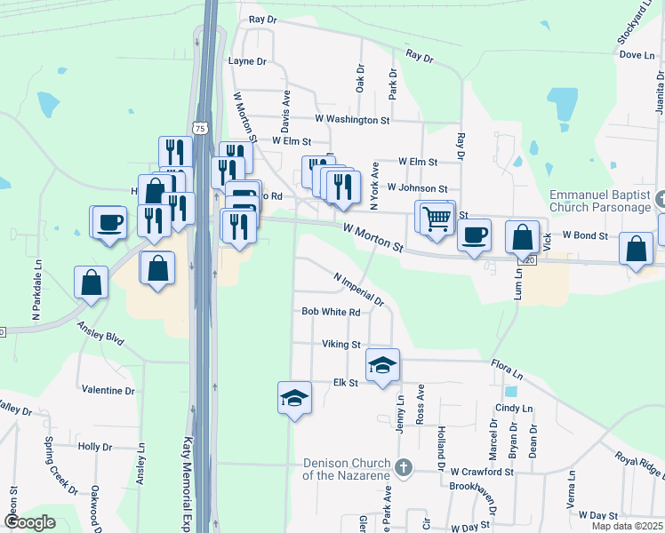 map of restaurants, bars, coffee shops, grocery stores, and more near 157 North Imperial Drive in Denison