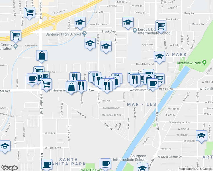 map of restaurants, bars, coffee shops, grocery stores, and more near 13951 Torrey Pine Lane in Garden Grove