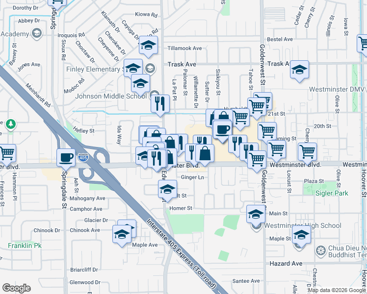 map of restaurants, bars, coffee shops, grocery stores, and more near 13902 La Pat Place in Westminster