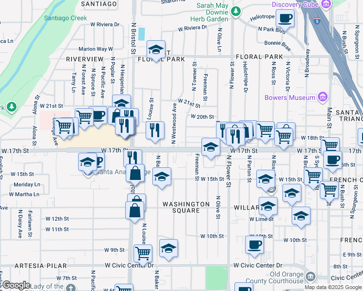 map of restaurants, bars, coffee shops, grocery stores, and more near 1109 West 17th Street in Santa Ana