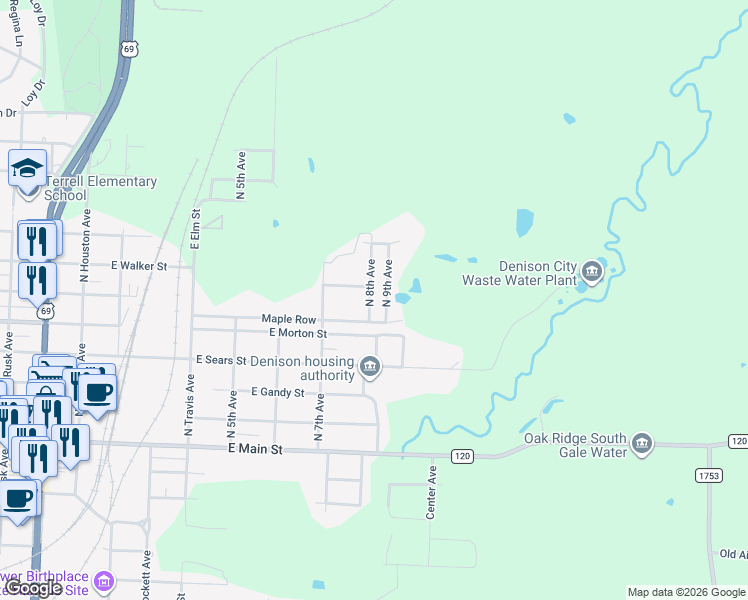 map of restaurants, bars, coffee shops, grocery stores, and more near 622 North 8th Avenue in Denison