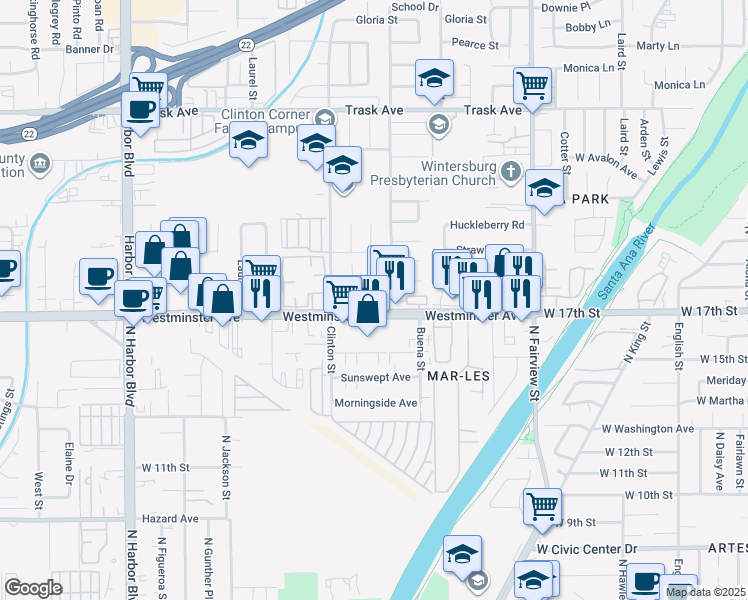 map of restaurants, bars, coffee shops, grocery stores, and more near 23114 Westminster Avenue in Santa Ana