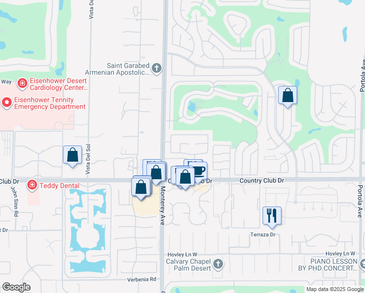 map of restaurants, bars, coffee shops, grocery stores, and more near 227 Corte Sole in Palm Desert