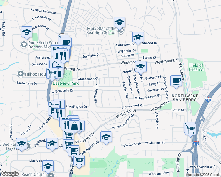 map of restaurants, bars, coffee shops, grocery stores, and more near 1241 Mount Rainier Road in Rancho Palos Verdes