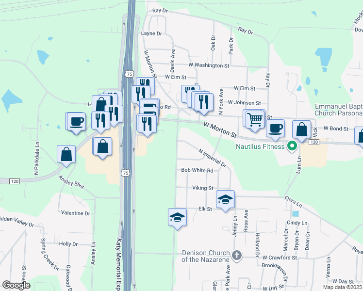 map of restaurants, bars, coffee shops, grocery stores, and more near 170 North Imperial Drive in Denison