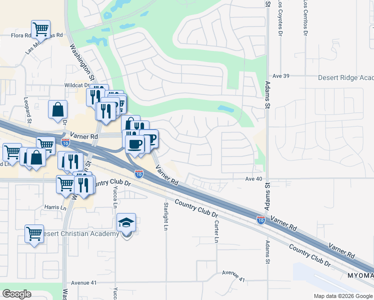 map of restaurants, bars, coffee shops, grocery stores, and more near 78584 Glastonbury Way in Palm Desert