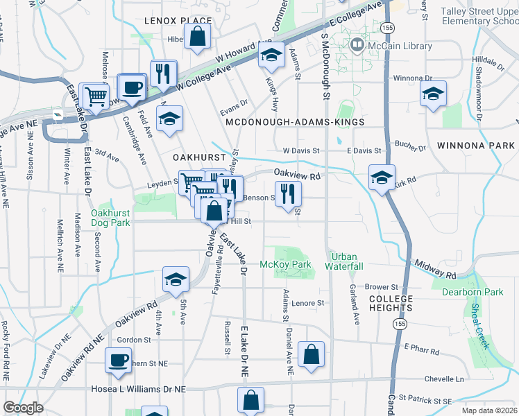 map of restaurants, bars, coffee shops, grocery stores, and more near 215 Mckoy St in Decatur