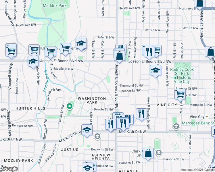 map of restaurants, bars, coffee shops, grocery stores, and more near 995 Mayson Turner Road Northwest in Atlanta