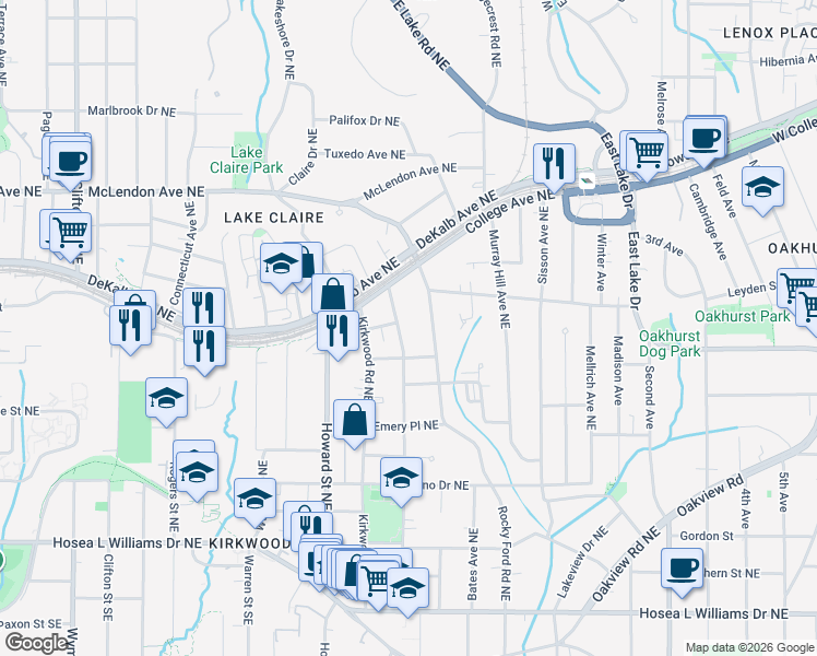map of restaurants, bars, coffee shops, grocery stores, and more near 254 Rockyford Road Northeast in Atlanta