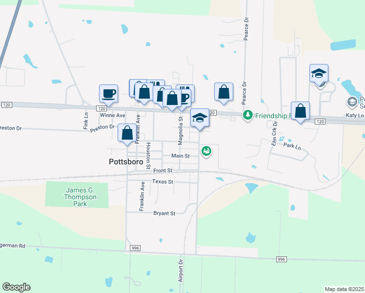map of restaurants, bars, coffee shops, grocery stores, and more near 301 Magnolia Street in Pottsboro