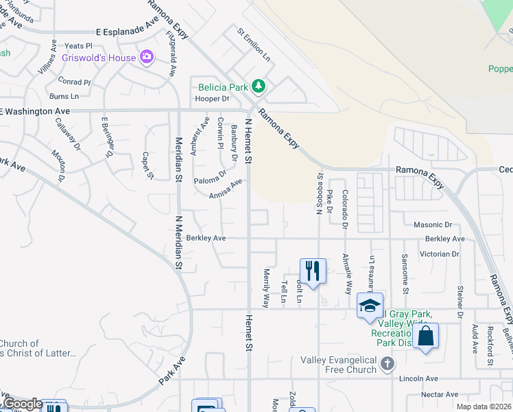 map of restaurants, bars, coffee shops, grocery stores, and more near 4542 Kalpesh Court in Hemet