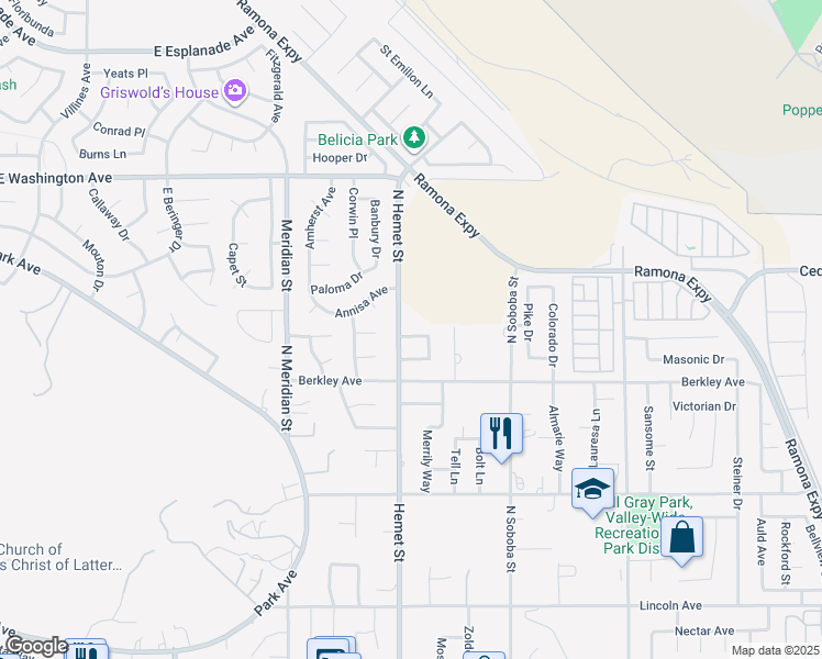 map of restaurants, bars, coffee shops, grocery stores, and more near 4542 Kalpesh Court in Hemet