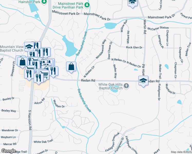 map of restaurants, bars, coffee shops, grocery stores, and more near 5052 Redan Road in Stone Mountain