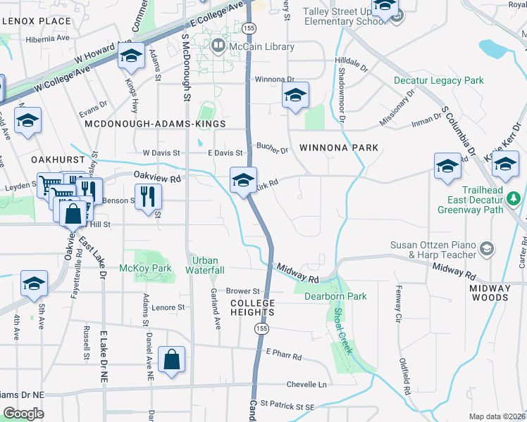 map of restaurants, bars, coffee shops, grocery stores, and more near 203 Mimosa Drive in Decatur