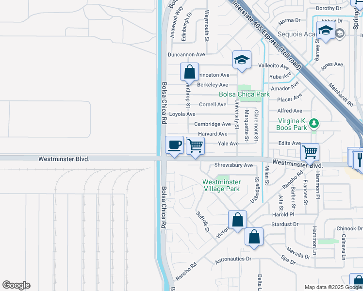 map of restaurants, bars, coffee shops, grocery stores, and more near 13902 Grambling Circle in Westminster