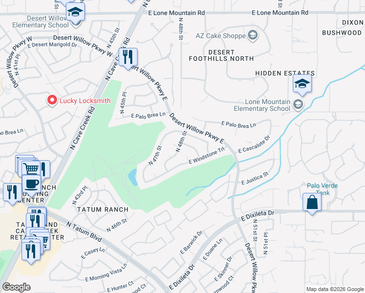 map of restaurants, bars, coffee shops, grocery stores, and more near 4803 East Cascalote Drive in Cave Creek