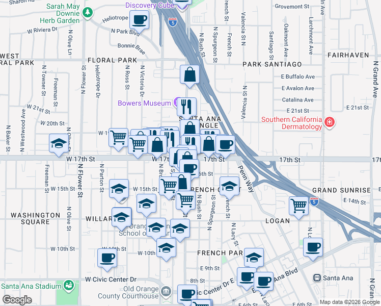 map of restaurants, bars, coffee shops, grocery stores, and more near in Santa Ana