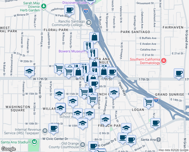 map of restaurants, bars, coffee shops, grocery stores, and more near 1701 North Main Street in Santa Ana