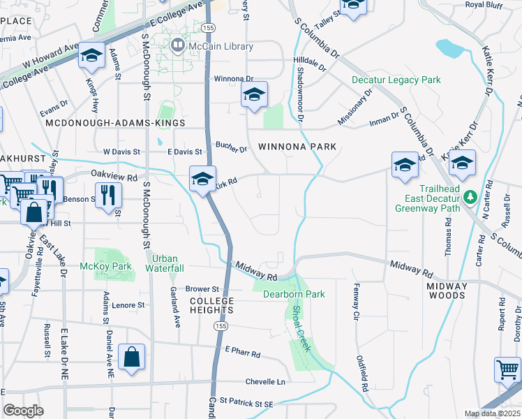 map of restaurants, bars, coffee shops, grocery stores, and more near 116 Mimosa Place in Decatur