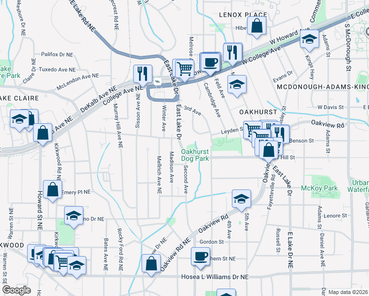 map of restaurants, bars, coffee shops, grocery stores, and more near 316 East Lake Drive in Decatur