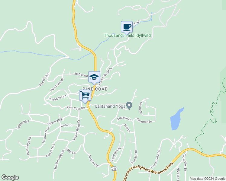 map of restaurants, bars, coffee shops, grocery stores, and more near 53150 Mountain View Drive in Idyllwild-Pine Cove