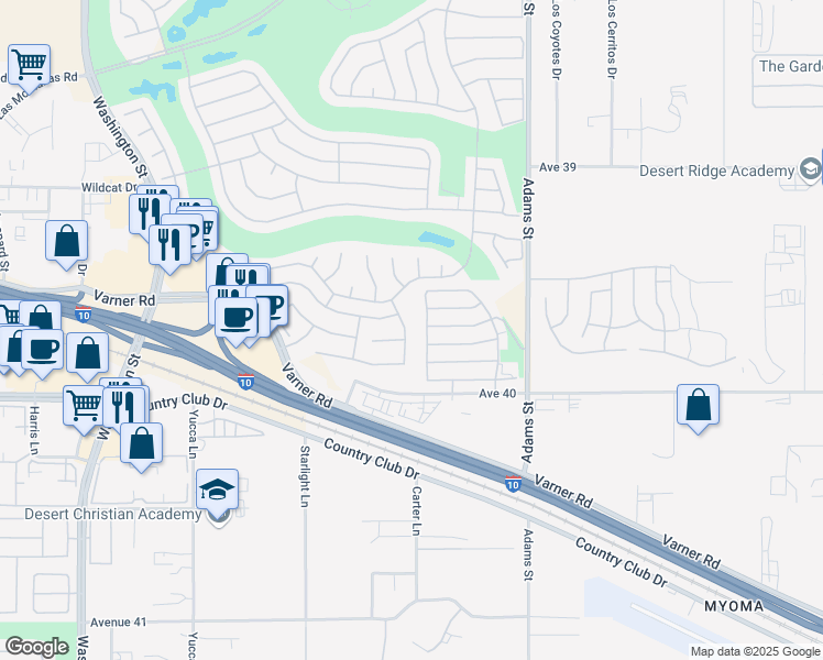 map of restaurants, bars, coffee shops, grocery stores, and more near 39732 Somerset Avenue in Palm Desert