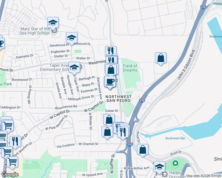 map of restaurants, bars, coffee shops, grocery stores, and more near 1701 North Gaffey Street in Los Angeles