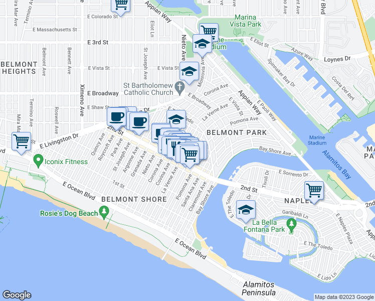 map of restaurants, bars, coffee shops, grocery stores, and more near 216 Laverne Avenue in Long Beach