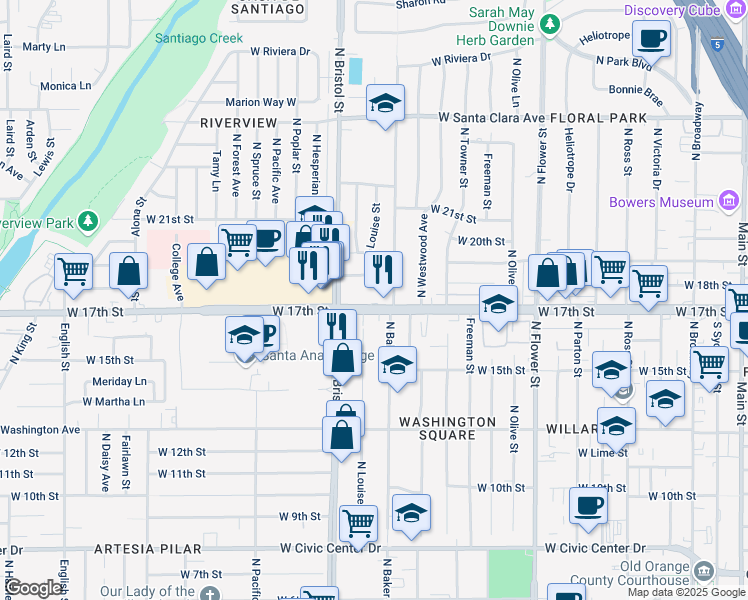 map of restaurants, bars, coffee shops, grocery stores, and more near 1223 West 17th Street in Santa Ana