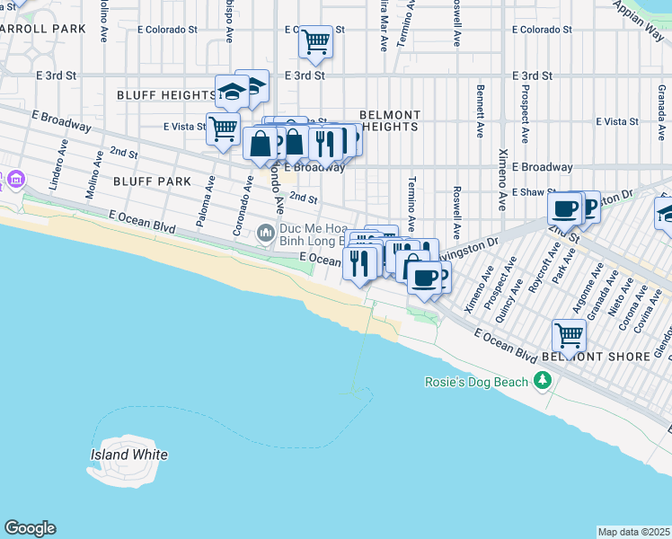 map of restaurants, bars, coffee shops, grocery stores, and more near 3700 East Ocean Boulevard in Long Beach