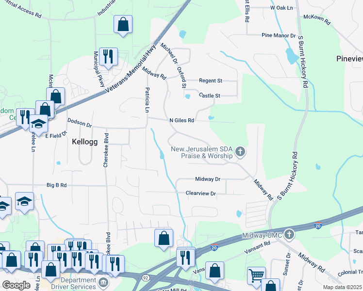 map of restaurants, bars, coffee shops, grocery stores, and more near 4340 Linda Drive in Douglasville