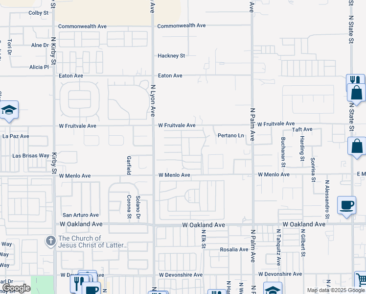 map of restaurants, bars, coffee shops, grocery stores, and more near 1300 West Menlo Avenue in Hemet