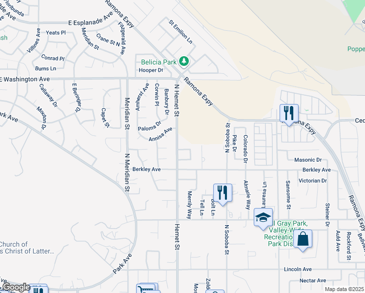 map of restaurants, bars, coffee shops, grocery stores, and more near 4542 Kalpesh Court in Hemet
