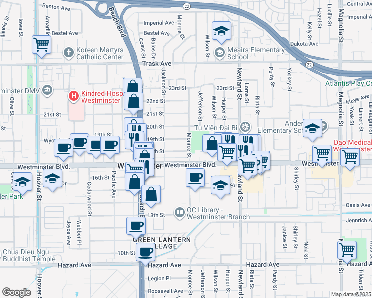 map of restaurants, bars, coffee shops, grocery stores, and more near 8233 Monroe Street in Westminster
