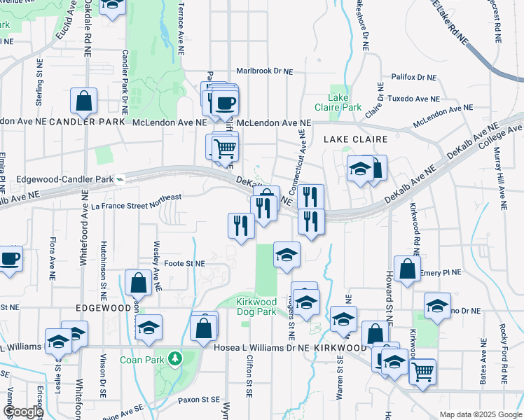 map of restaurants, bars, coffee shops, grocery stores, and more near 215 Arizona Avenue Northeast in Atlanta