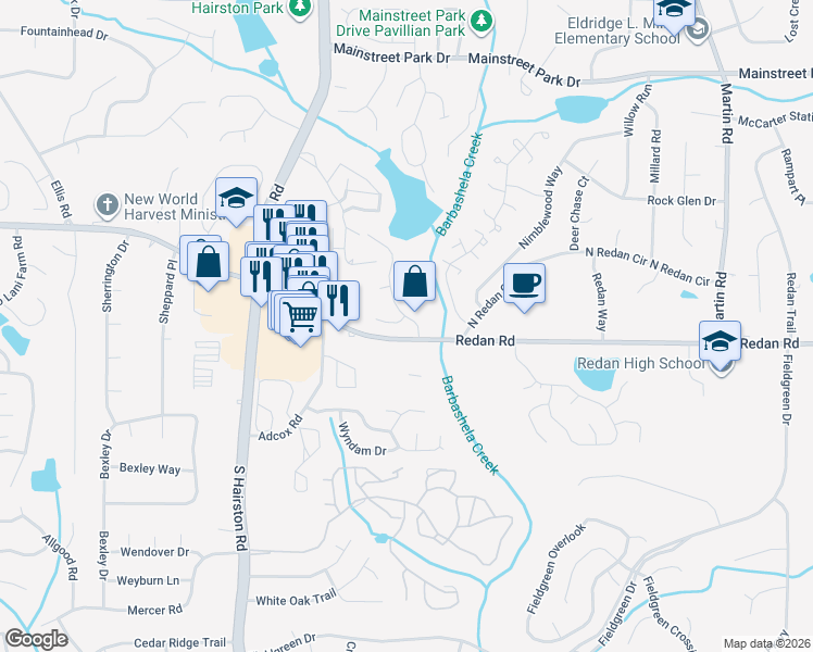 map of restaurants, bars, coffee shops, grocery stores, and more near 1152 Mainstreet Valley Drive in Stone Mountain
