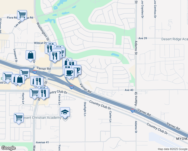 map of restaurants, bars, coffee shops, grocery stores, and more near 78568 Glastonbury Way in Palm Desert